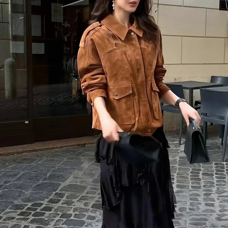 Women's brown suede-look street chic coat with regular sleeves in polyester fabric