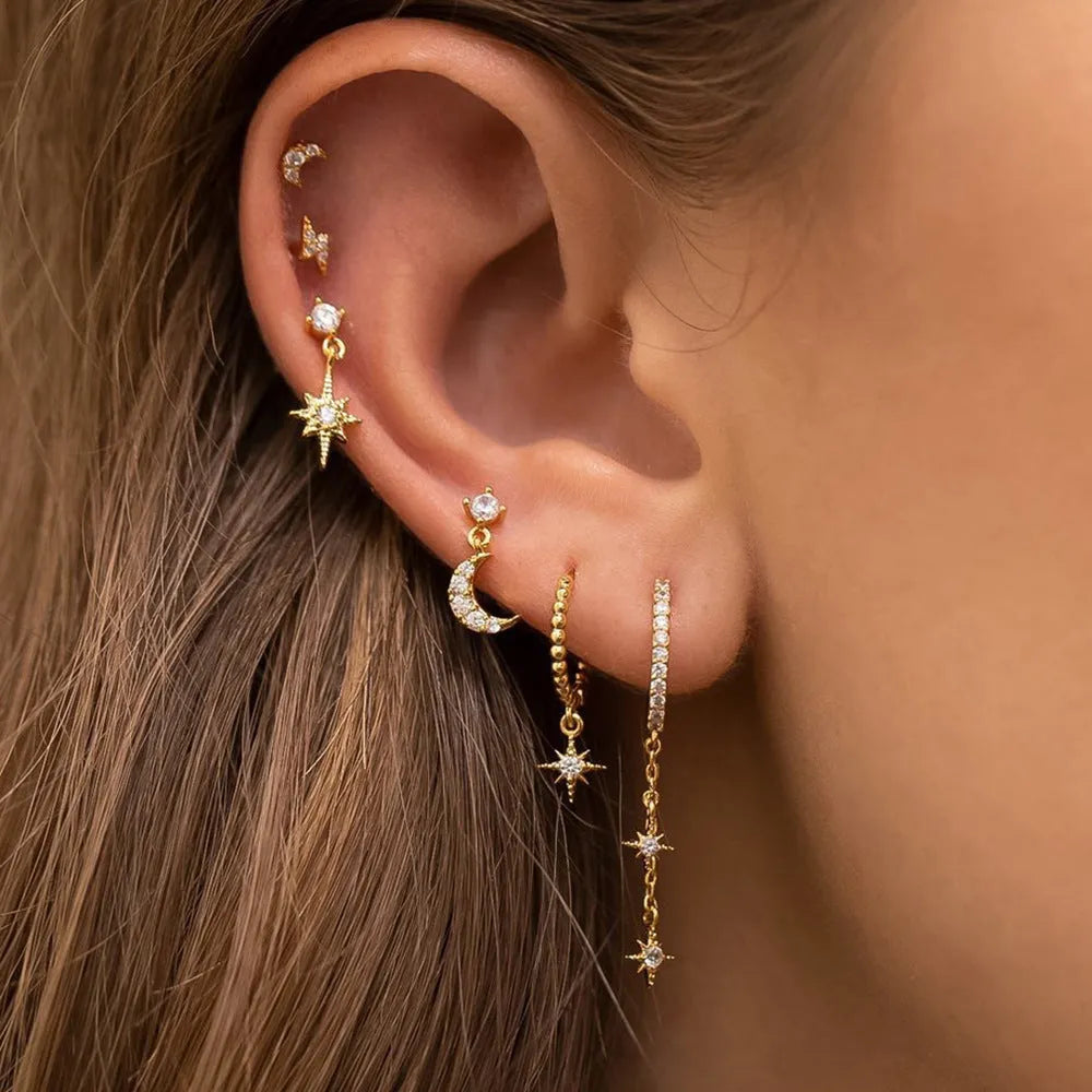 XINGX Six Mans gold electroplated chain tassel earrings six-piece set with zircon studs