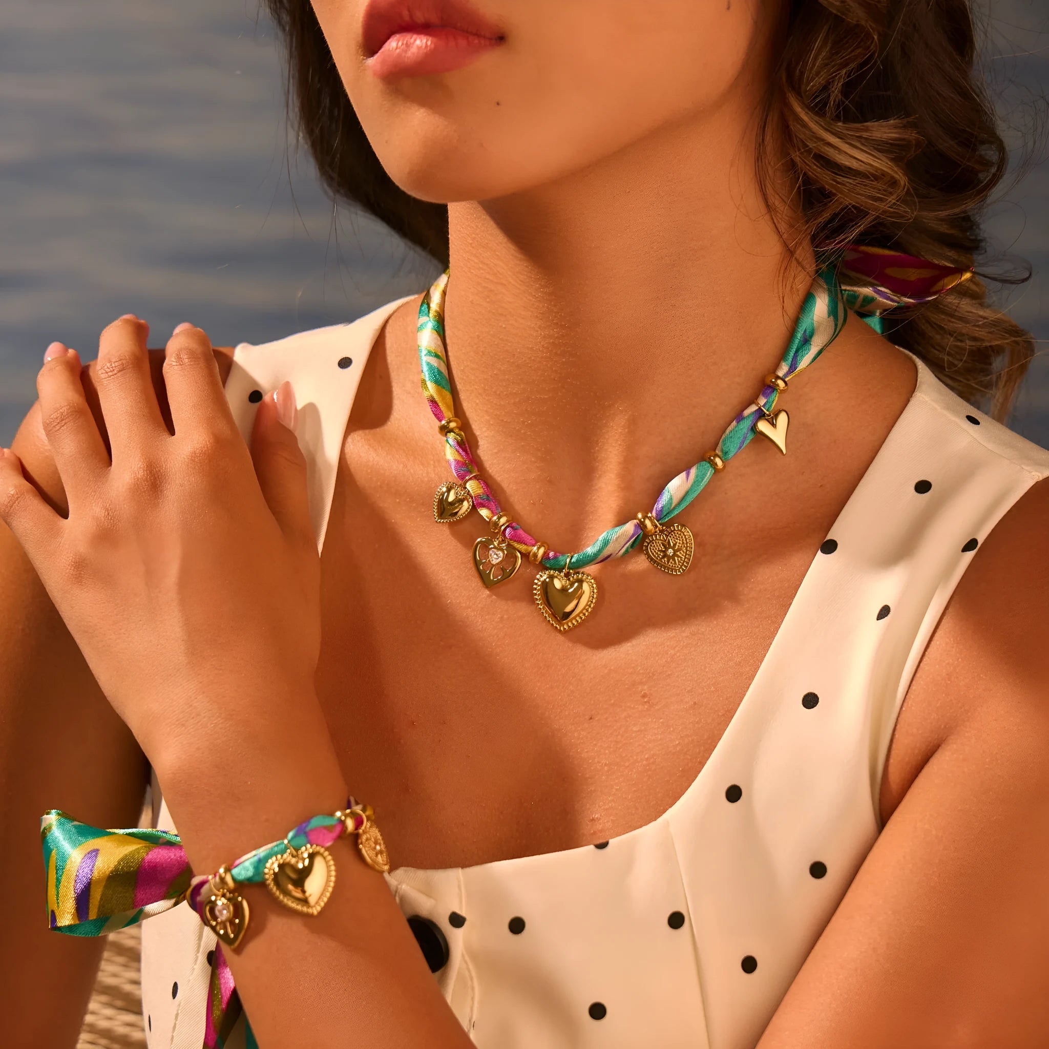 Women's stainless steel geometric pendant necklace and bracelet set with 18K plating