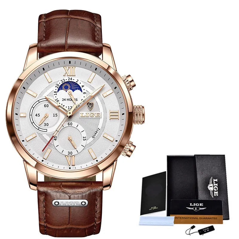 Men's stand collar slim-fit digital print short-sleeved shirt in blue set, with matching trousers, shoes, and watch