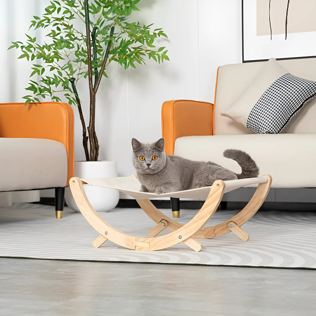 Solid wood foldable cat shaker bed hammock with canvas pad, 55x41x22cm