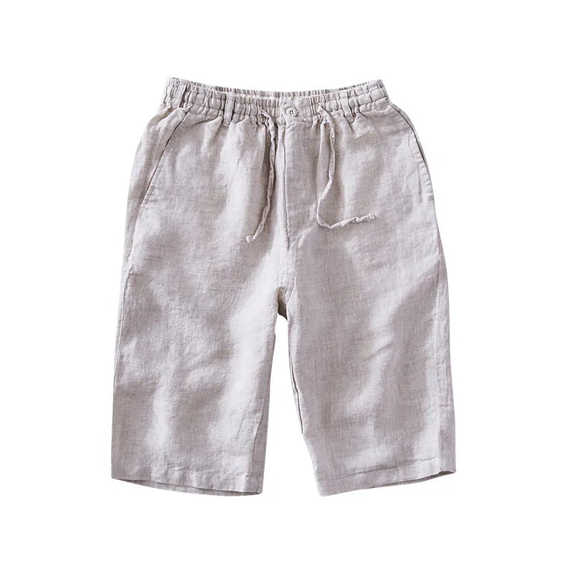 Casual loose beach capris for men in linen, shown in light gray colour with straight-leg fit