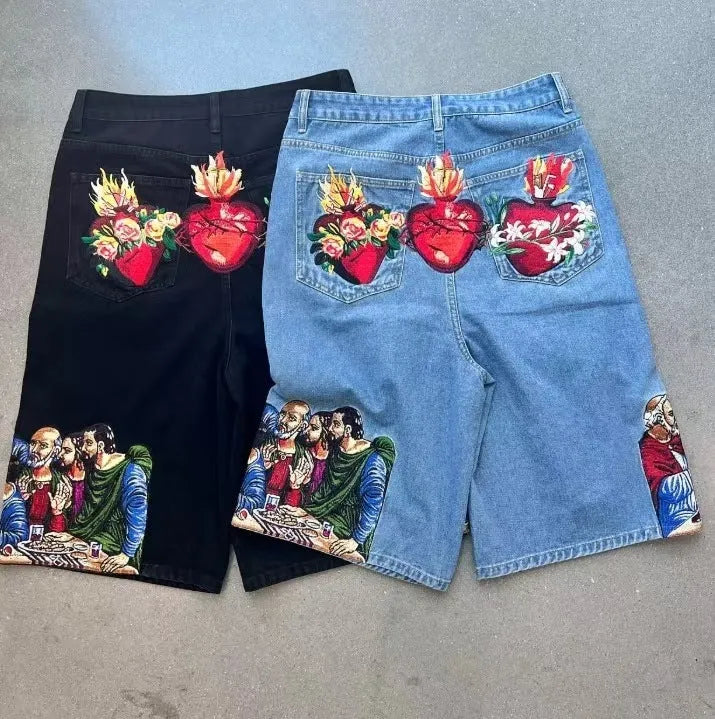 Men's cotton tapered shorts with Jesus printed back pocket in black and blue colour options