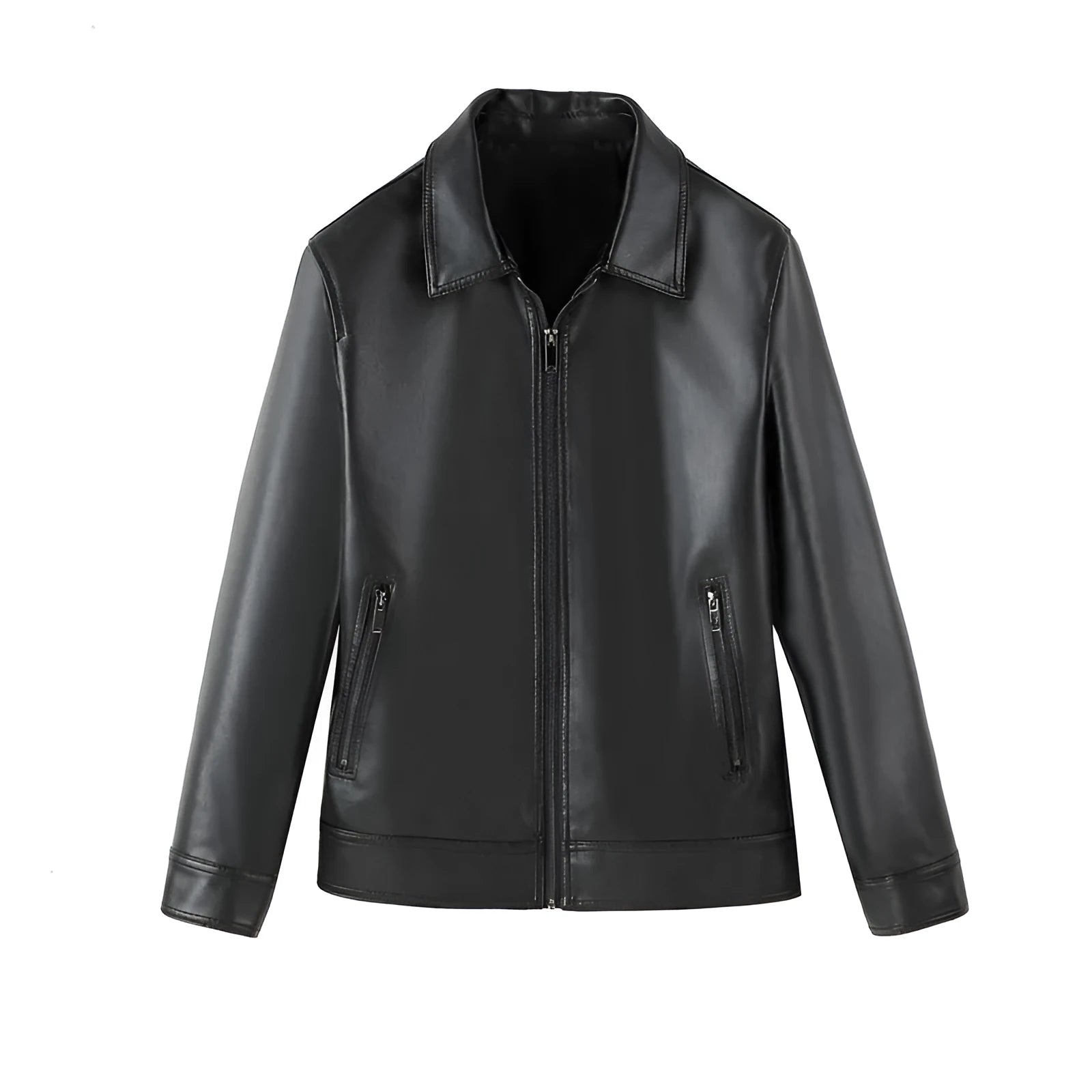 Men's black loose-fit PU leather casual jacket with zipper pockets on a plain background.
