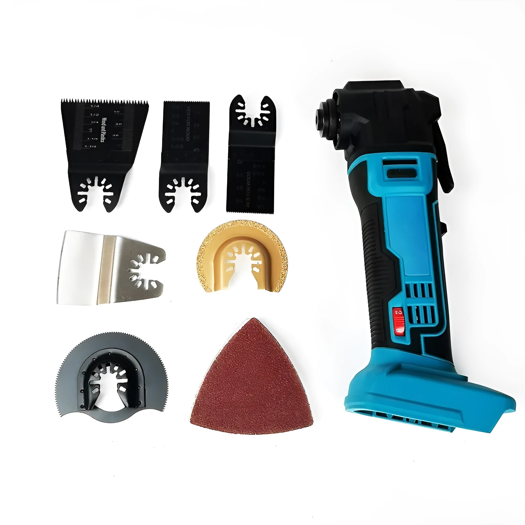 Rechargeable brushless lithium battery lawn trimmer with accessories in a plastic storage box.