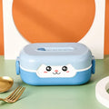 Square divided plastic lunch box in dark blue, orange yellow, or pink and green, shown with compartments.