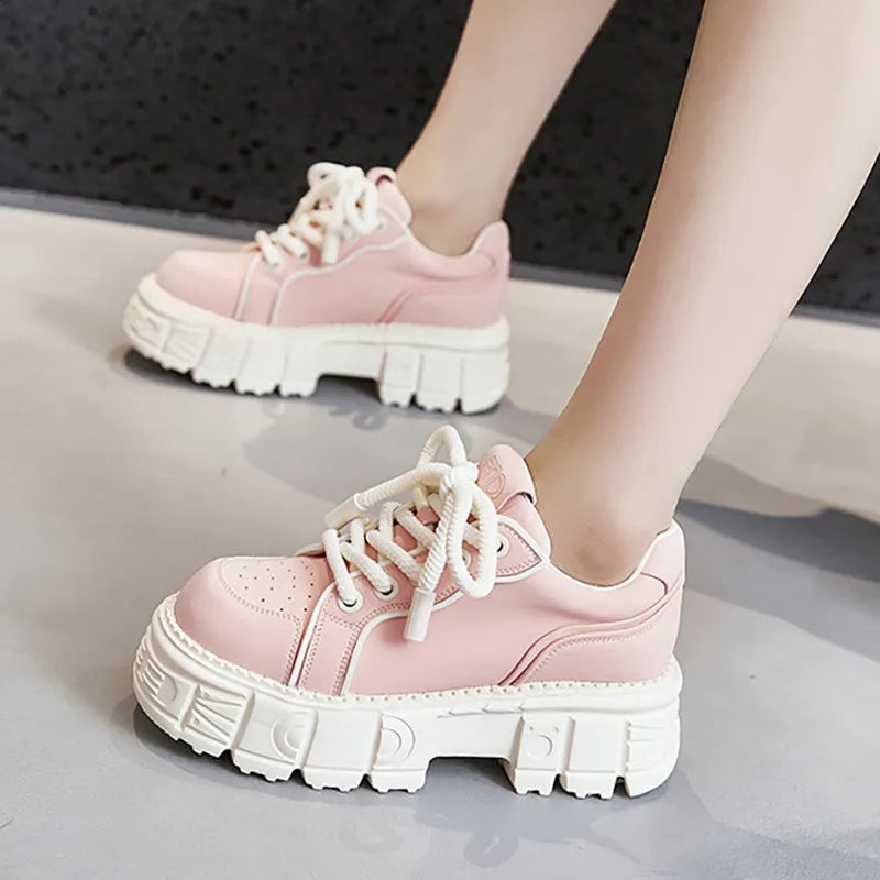 Beige and pink leather casual shoes with solid-colour design and height-increasing construction