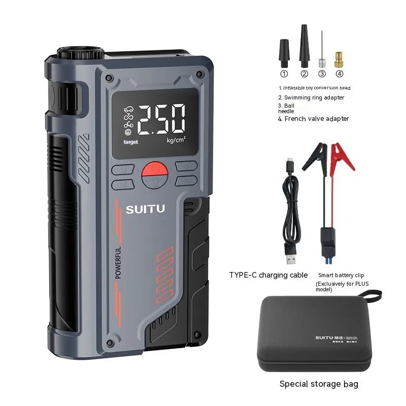 Wireless lithium battery inflatable emergency start power supply in ABS casing with battery clips and hose
