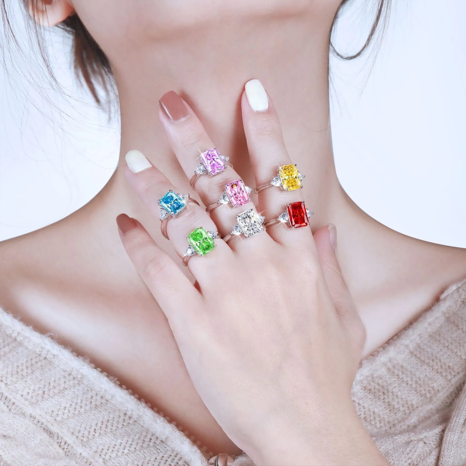 S925 silver rectangular rhinestone ring in eight colours, US sizes 5-10
