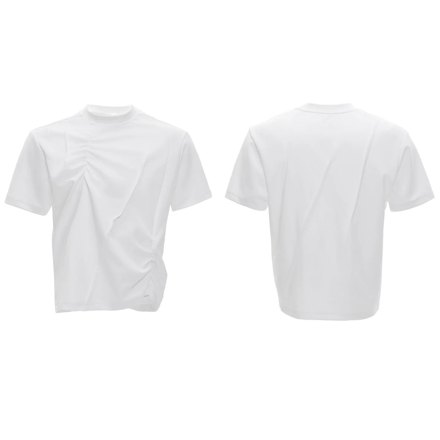Men's loose fit pleated cotton T-shirt in solid colour with round neck and short sleeves.