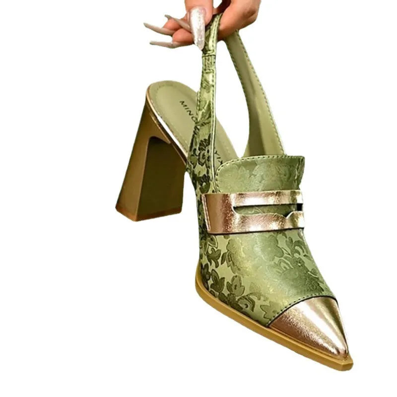 Korean style printed high heels with chunky heel and pointed-toe design in black, champagne and green colours