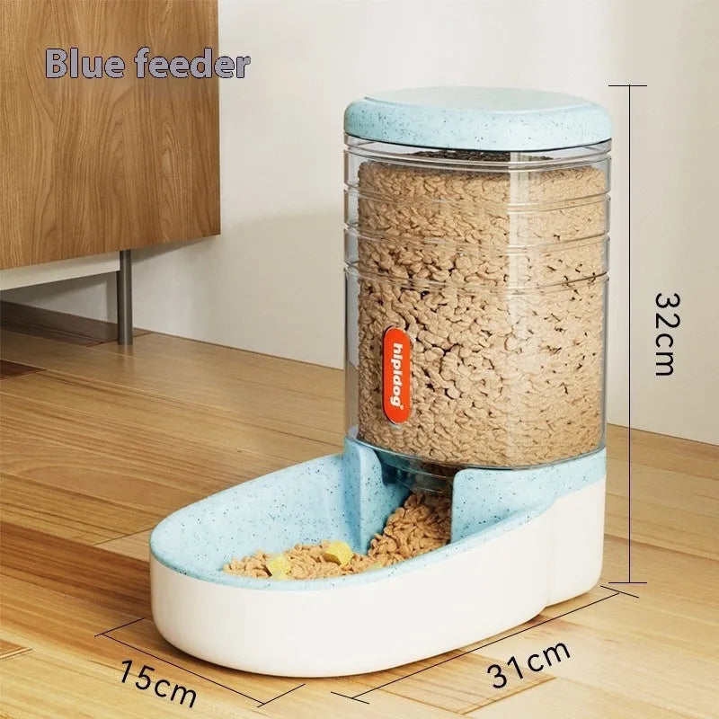 Blue automatic pet water fountain with 3.8-litre capacity for dogs and cats on a kitchen floor.