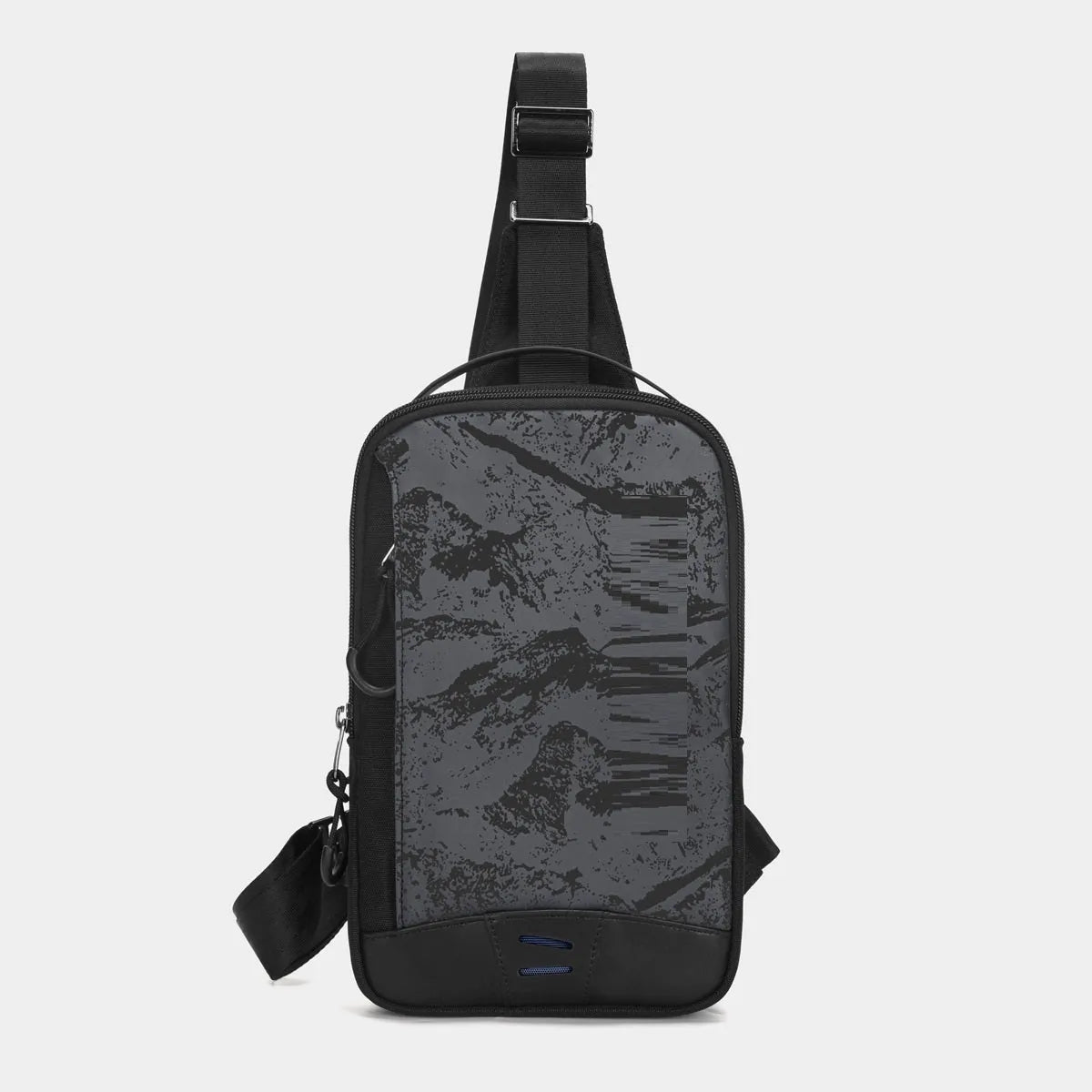 Casual black camouflage pattern chest pack with single shoulder strap and soft handle