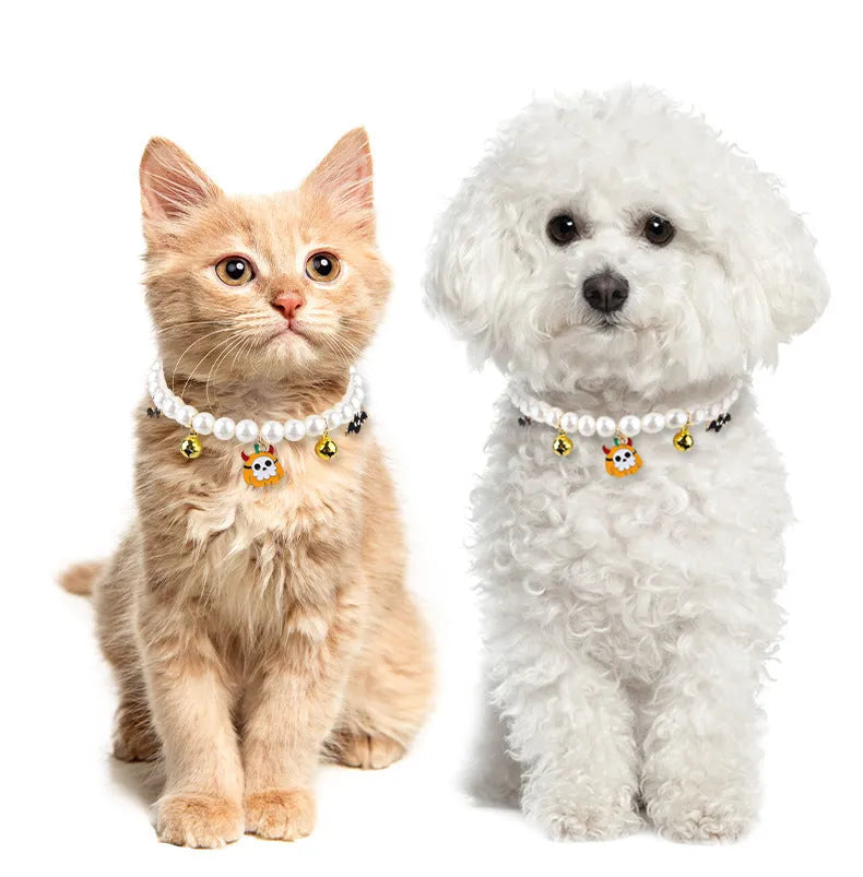 3 imitation pearl pet necklaces with small bells on adjustable cords for Halloween decoration