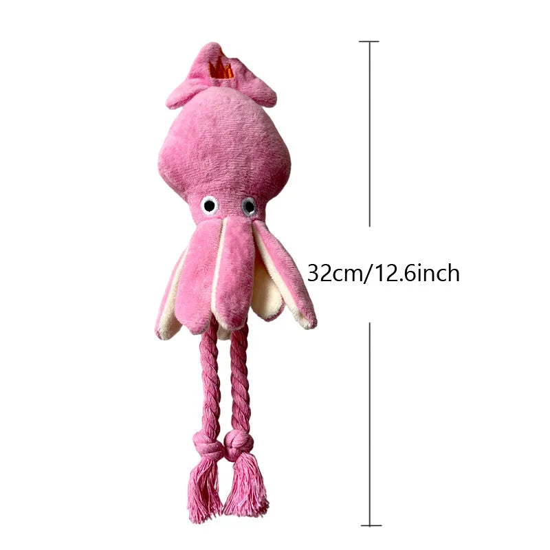 Pink squid plush dog chew toy with squeaky sound, 32cm corduroy toy for small and medium dogs