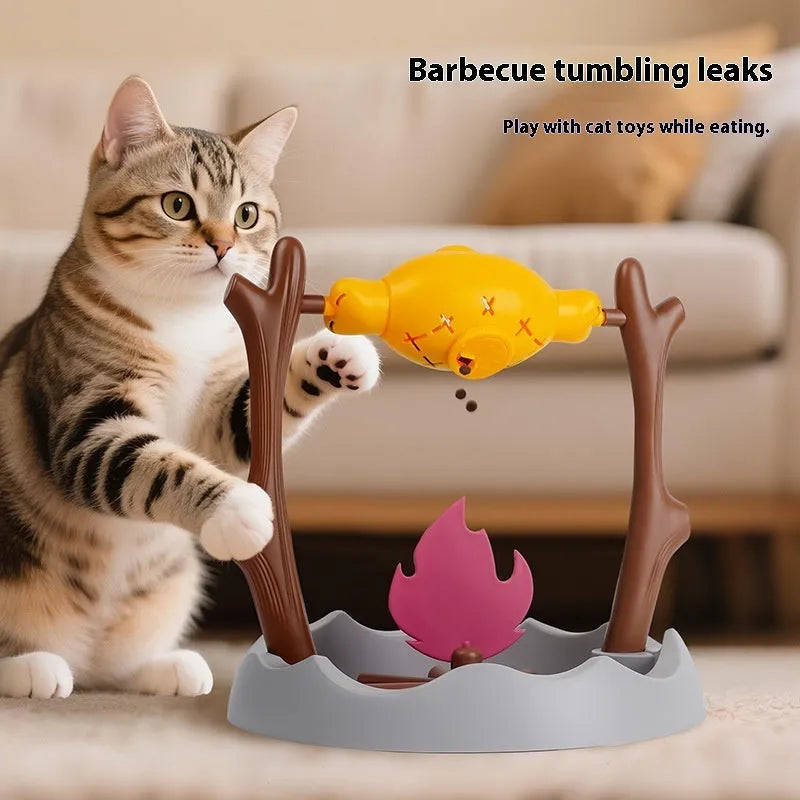 Barbecue-style tumbling cat food feeder toy measuring 30cm with plastic construction