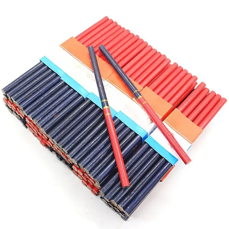 Red and blue carpenter pencils in wooden casing, 10-piece set for woodworking and construction marking