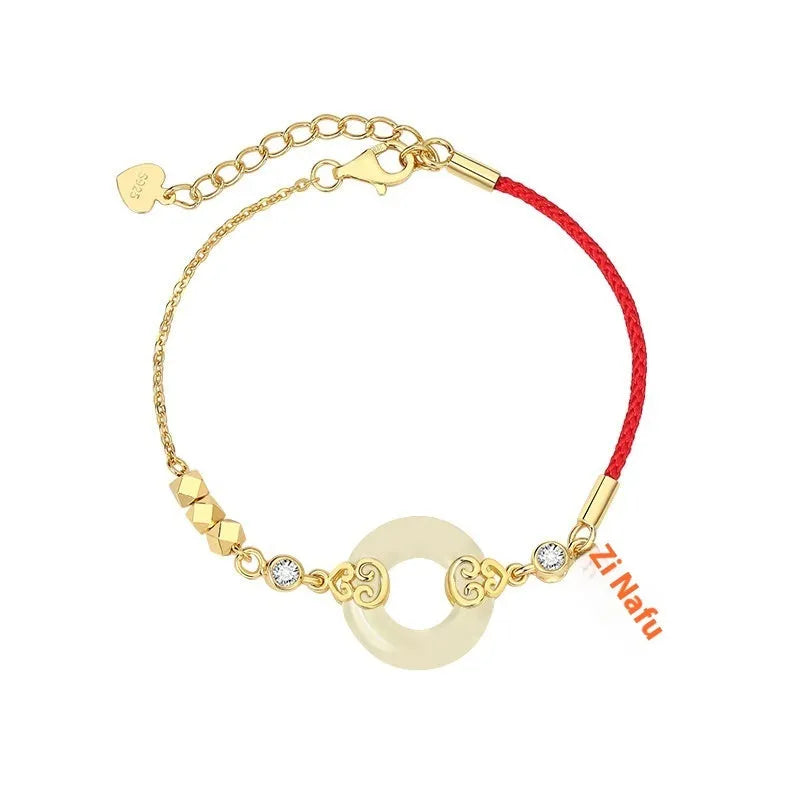 Hetian jade gourd bracelet set in 925 sterling silver with peace buckle and Fu character motifs on white background