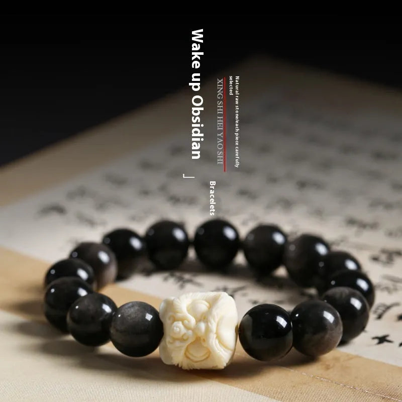 Xingshi obsidian single circle prayer beads bracelet for men, 12mm chamfered square-grain beads on hand
