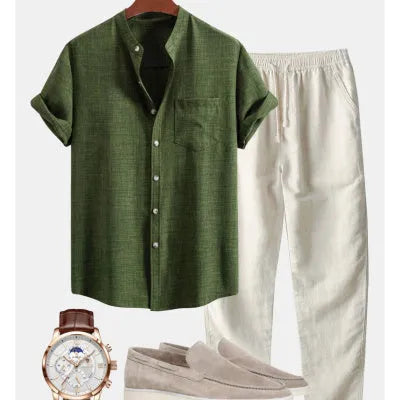 Men's stand collar slim-fit digital print short-sleeved shirt in blue set, with matching trousers, shoes, and watch