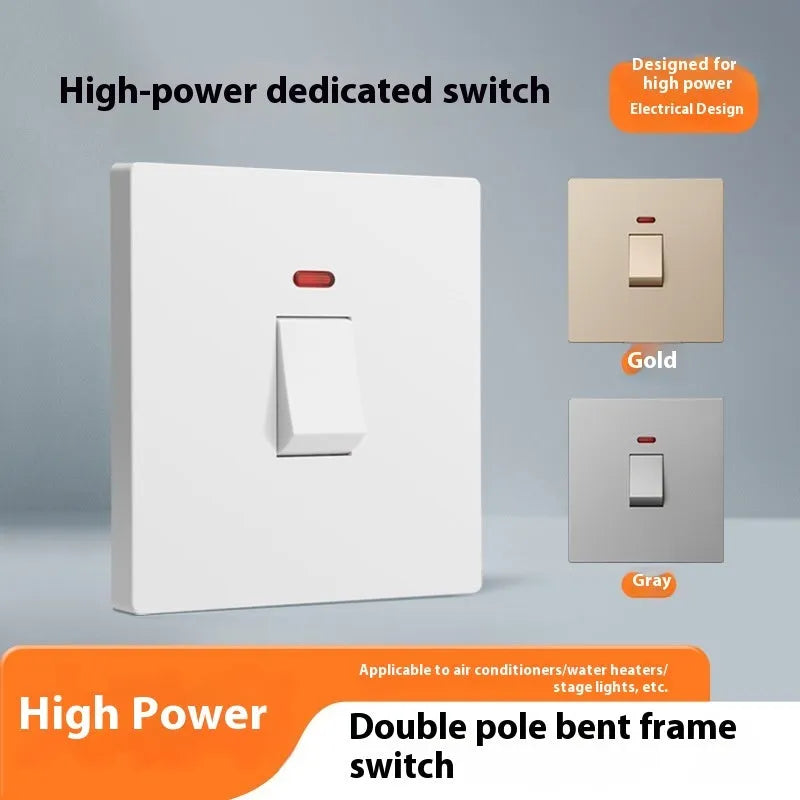 High-current illuminated electrical switch in gold, grey, or white for water heater and air conditioning units.