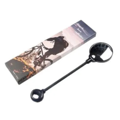 Close-up of a black metal bicycle rearview mirror with hose adjustment mechanism and reflector on a handlebar