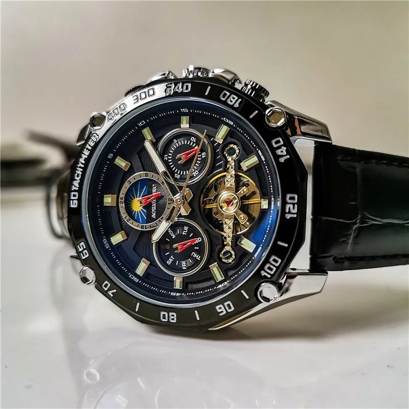 Men's automatic mechanical watch with 12mm case in various colour combinations including silver, black steel and gold steel options