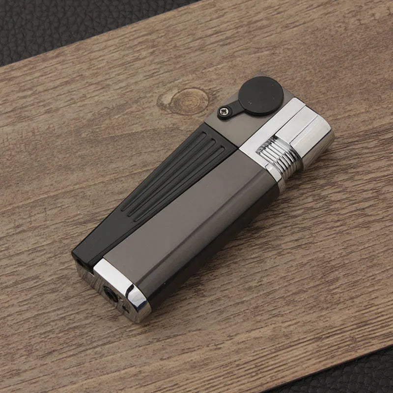 Foldable 2-in-1 metal pipe lighter and refillable butane smoking gadget with silver square cover on a dark background