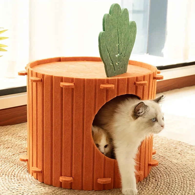 Grey felt cat tunnel leading into a semi-enclosed nest, shown in M and L sizes.