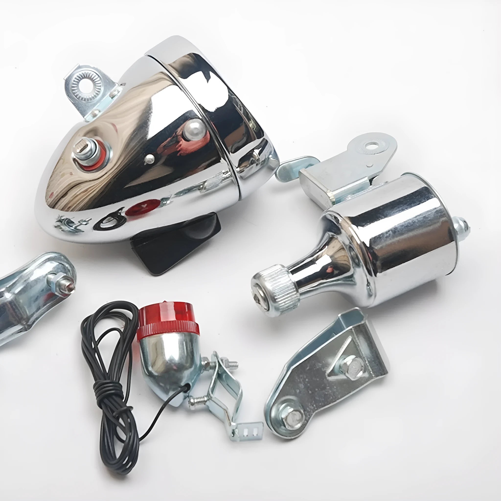 Silver bicycle generator light modification kit with dynamo and wiring for headlight and tail light connections