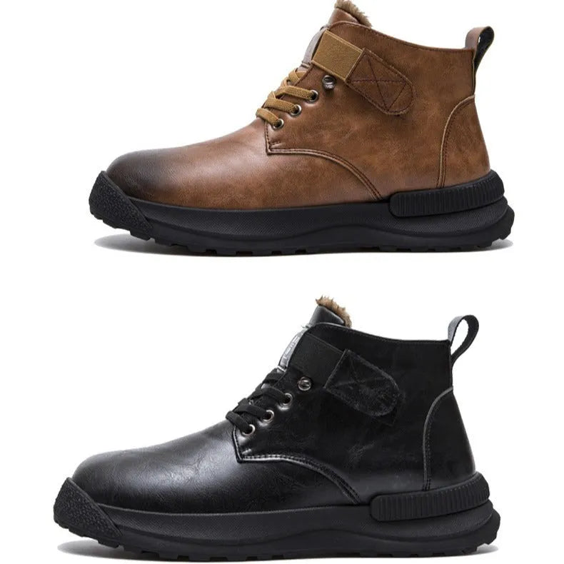 Black and brown men's high-top Martin platform boots with artificial PU upper and rubber sole