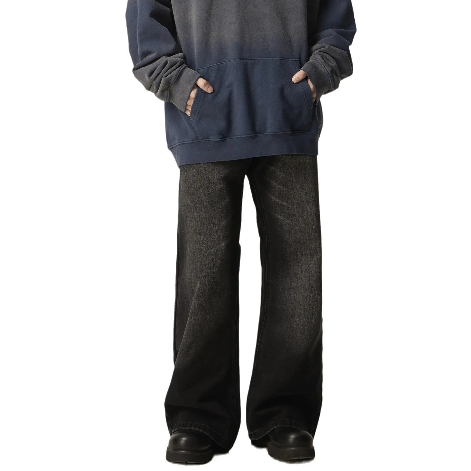 Men's black loose straight jeans with retro styling and zipper fly