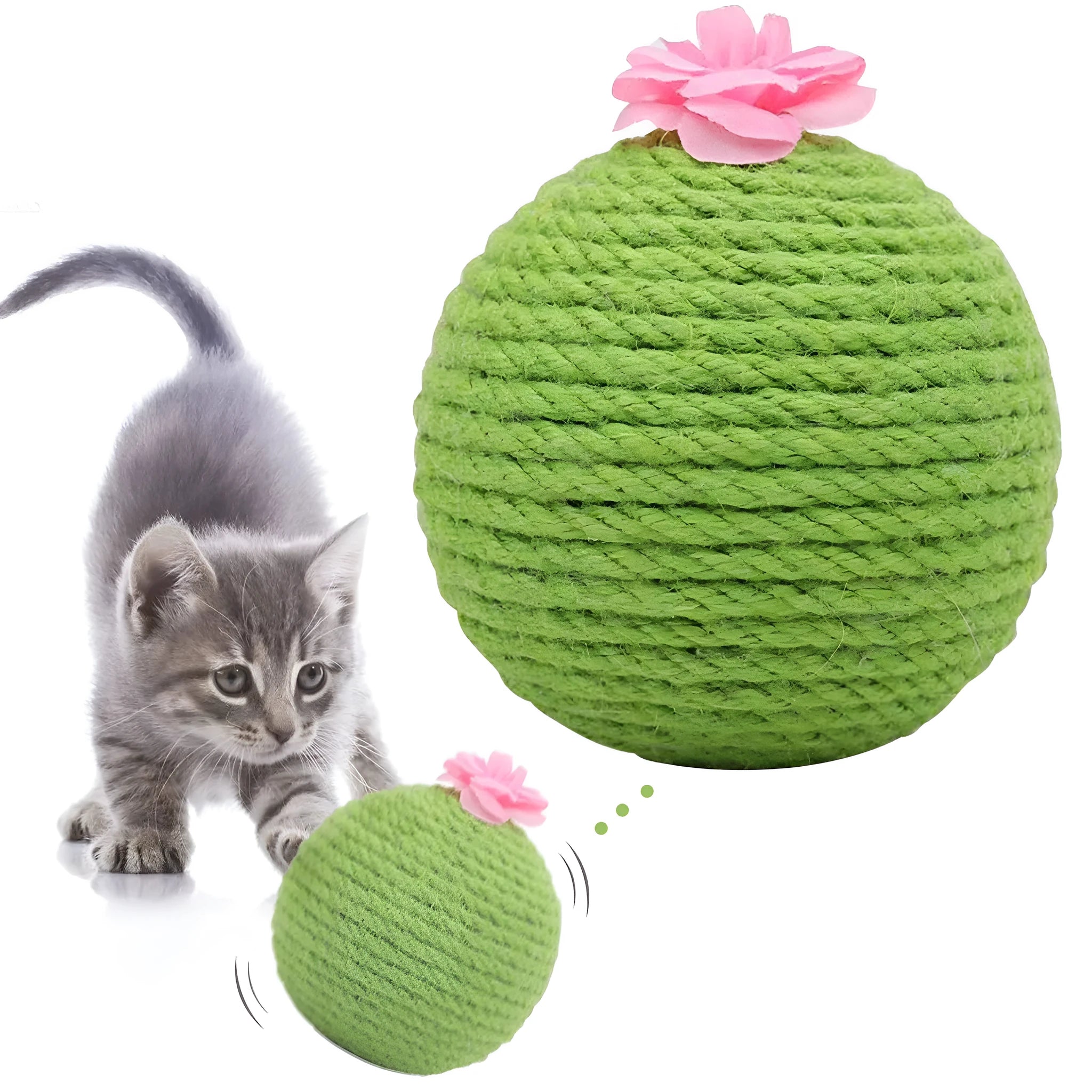 Green interactive tumbler cactus cat scratcher with natural sisal and rolling ball for indoor play