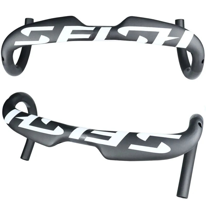 Carbon fibre road bike bent handlebar with internal cable routing in black finish, 31.8mm clamp