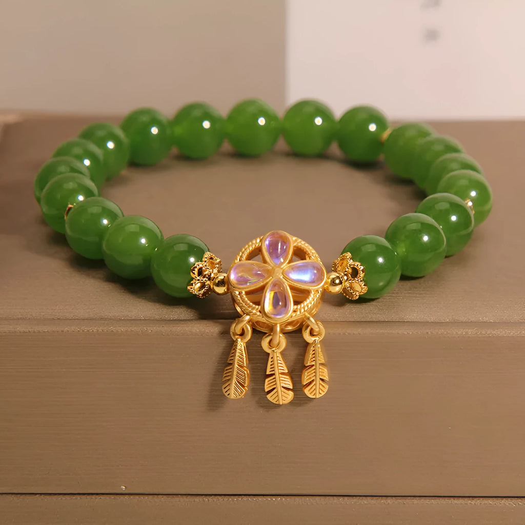 Women's green jasper bracelet with four-leaf clover and dream catcher crystal pendant