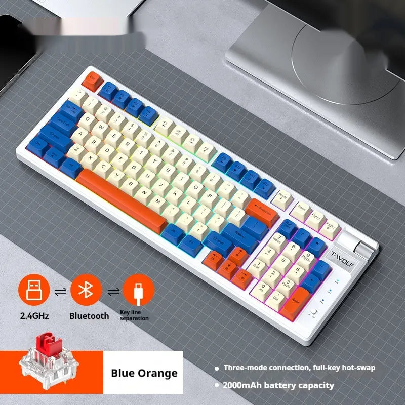Bluetooth charging gaming mechanical keyboard in black and red colour, side view showing keys, 404mm width, with USB cable