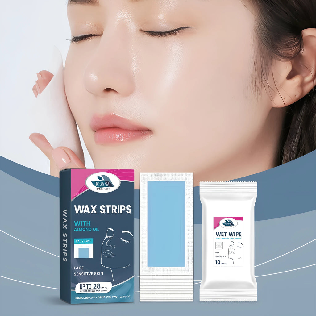 HANCHOBIT facial hair removal wax paper set with 20 wax strips and 10 wet wipes for upper lip, chin, cheeks, and eyebrows