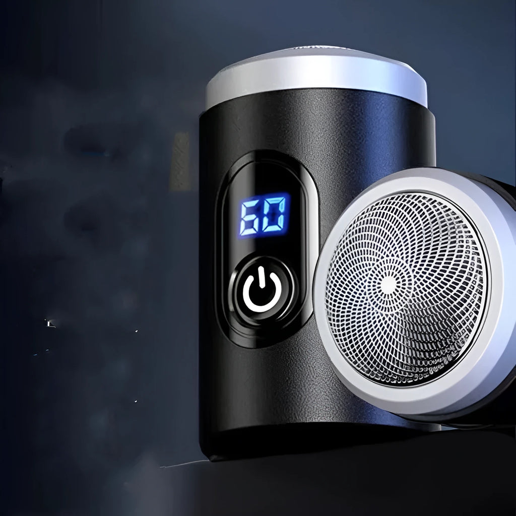 Black mini USB rechargeable shaver with LED display, shown with charging cable and cleaning brush.