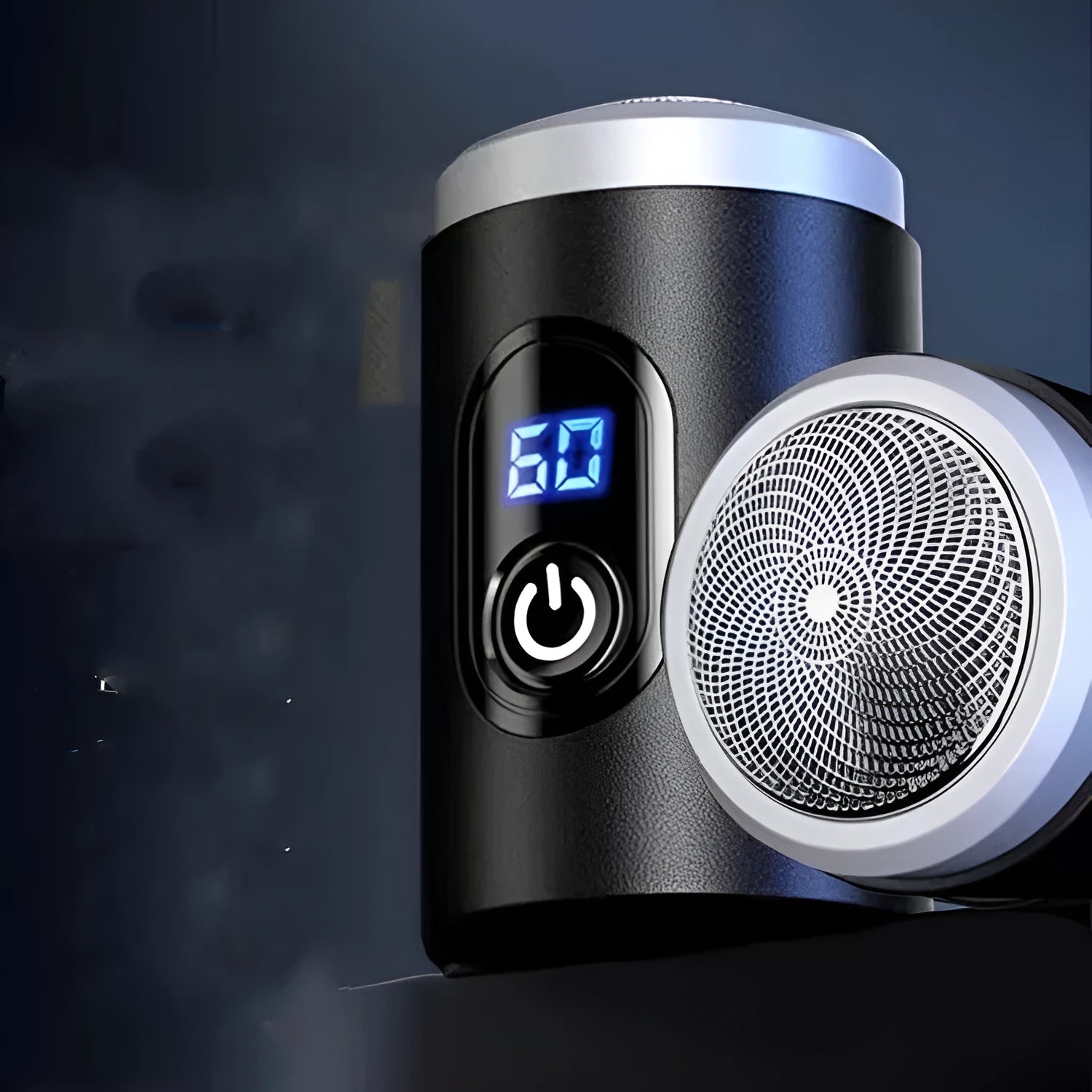 Black mini USB rechargeable shaver with LED display, shown with charging cable and cleaning brush.