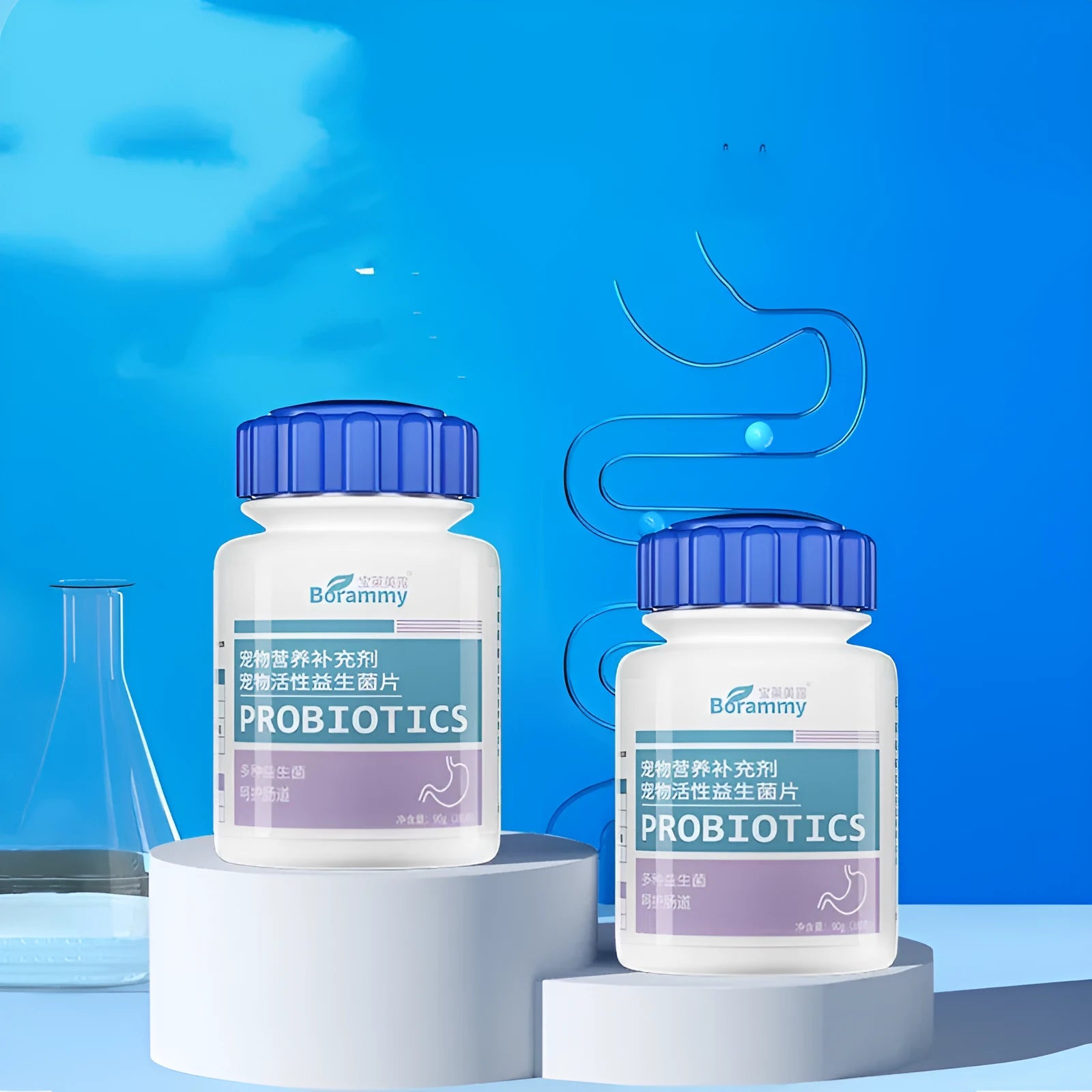 Bottle of 180 pet probiotic chewable tablets for dog and cat digestive health