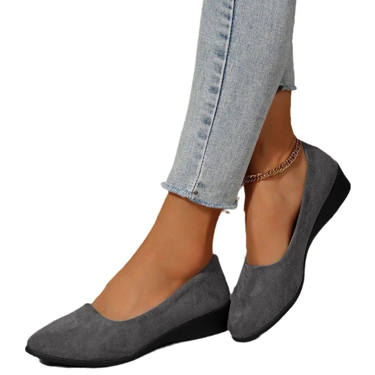 Women's plus size low wedge pump in suede with pointed toe, shown in light brown colour.