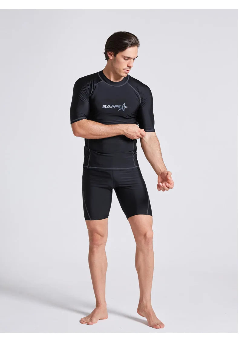 Men's quick-dry nylon swimsuit top and pants set for surfing and snorkelling.