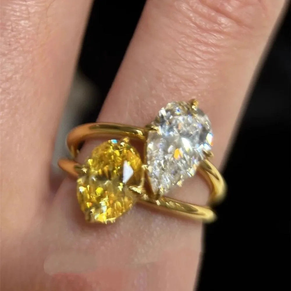 Women's geometric open ring with water drop contrast colour and zircon embellishment