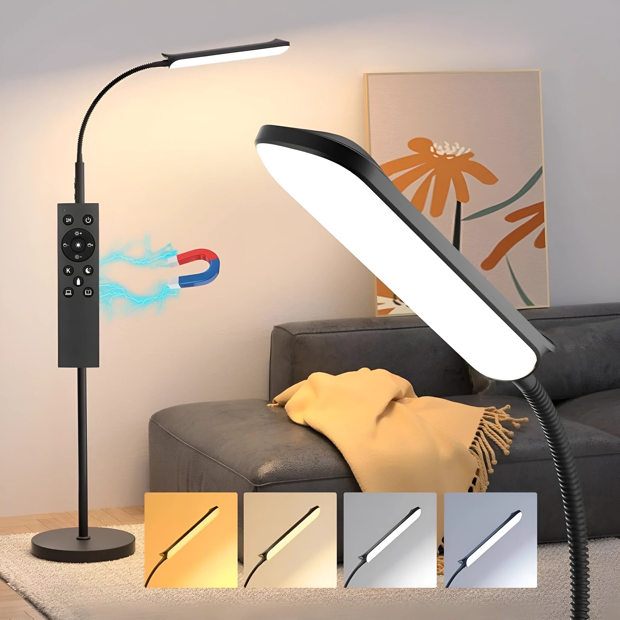 Modern LED floor lamp with remote control, 18W, 2700-6500K adjustable colour, dual-use as table lamp, for home study and bedroom