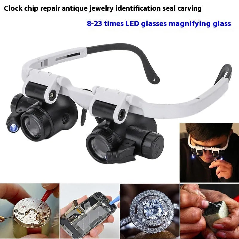 White head-mounted magnifying glass with LED light, shown folded and unfolded, for watch and circuit board repair.