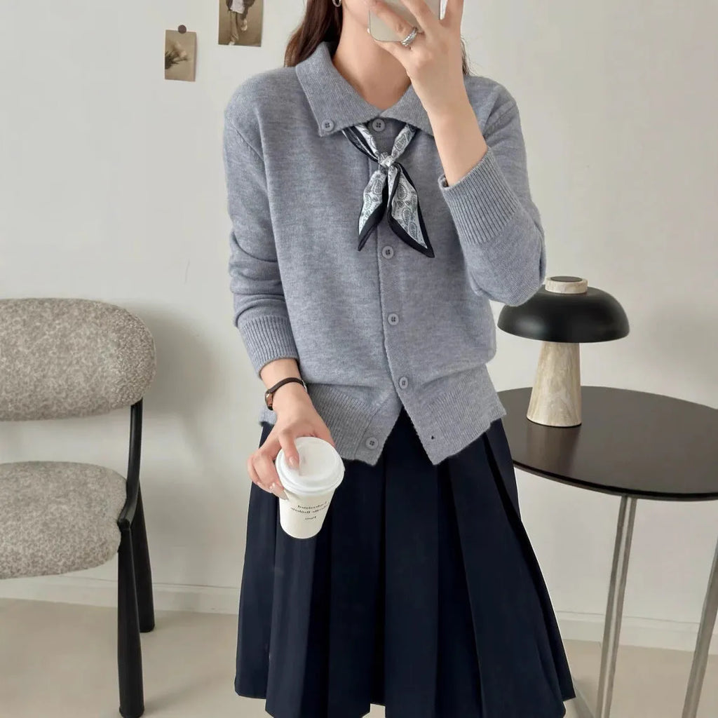 Beige acrylic knit cardigan with lapel scarf collar design, long sleeves and cardigan styling