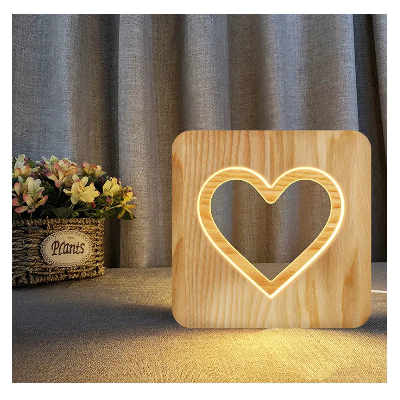 Solid wood hollow night lamp with warm white LED light, compact rectangular design
