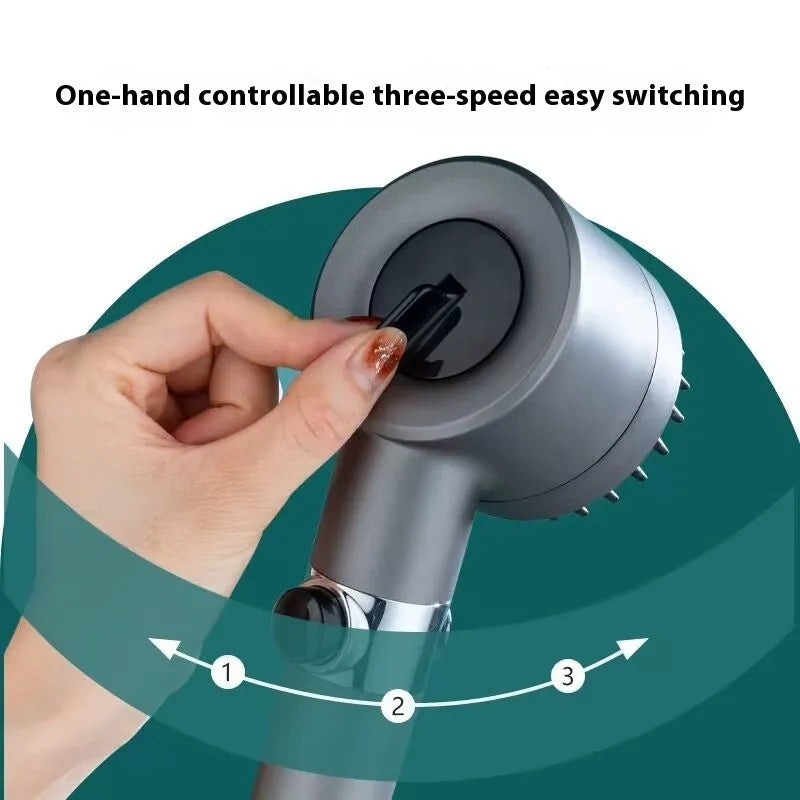 Portable ABS plastic shower head with three adjustment modes on modern bathroom wall
