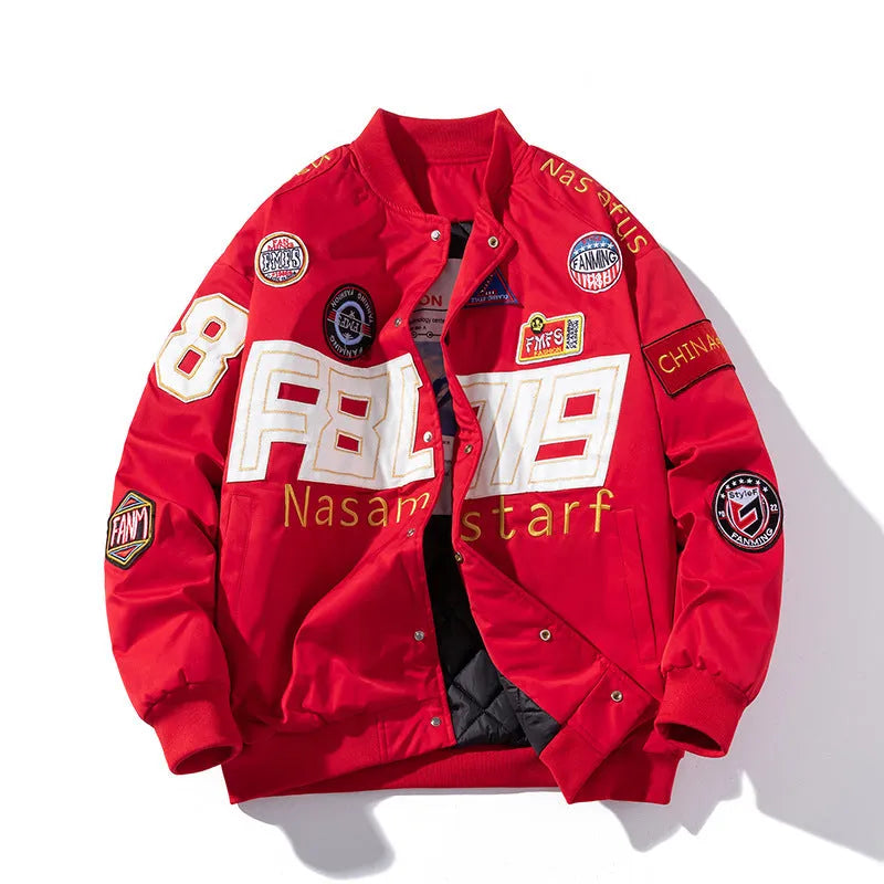 Motorcycle baseball uniform jacket with detachable hood and side seam pockets in black colour