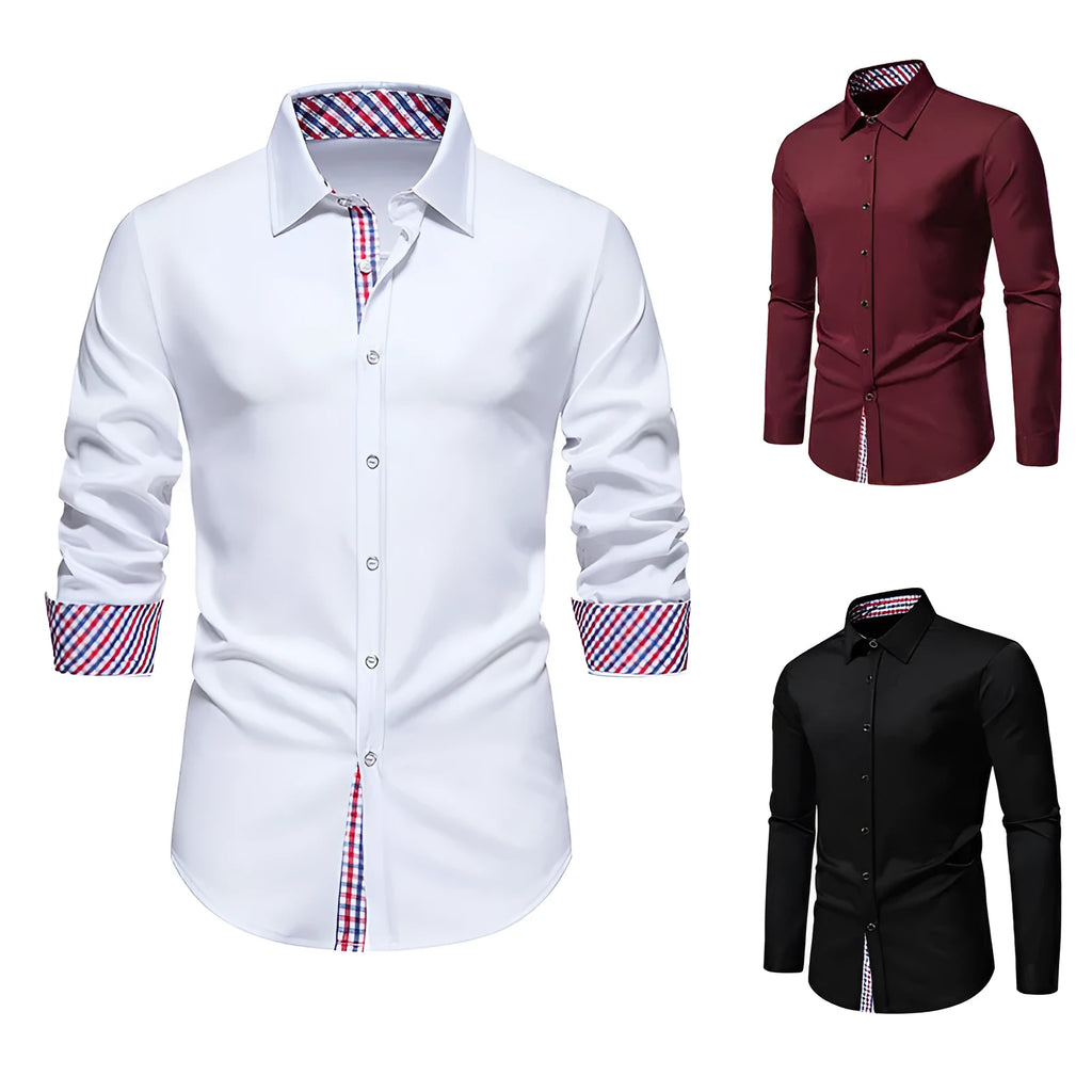 Men's casual loose plaid stitching long-sleeved shirt in white, size L, for leisure wear